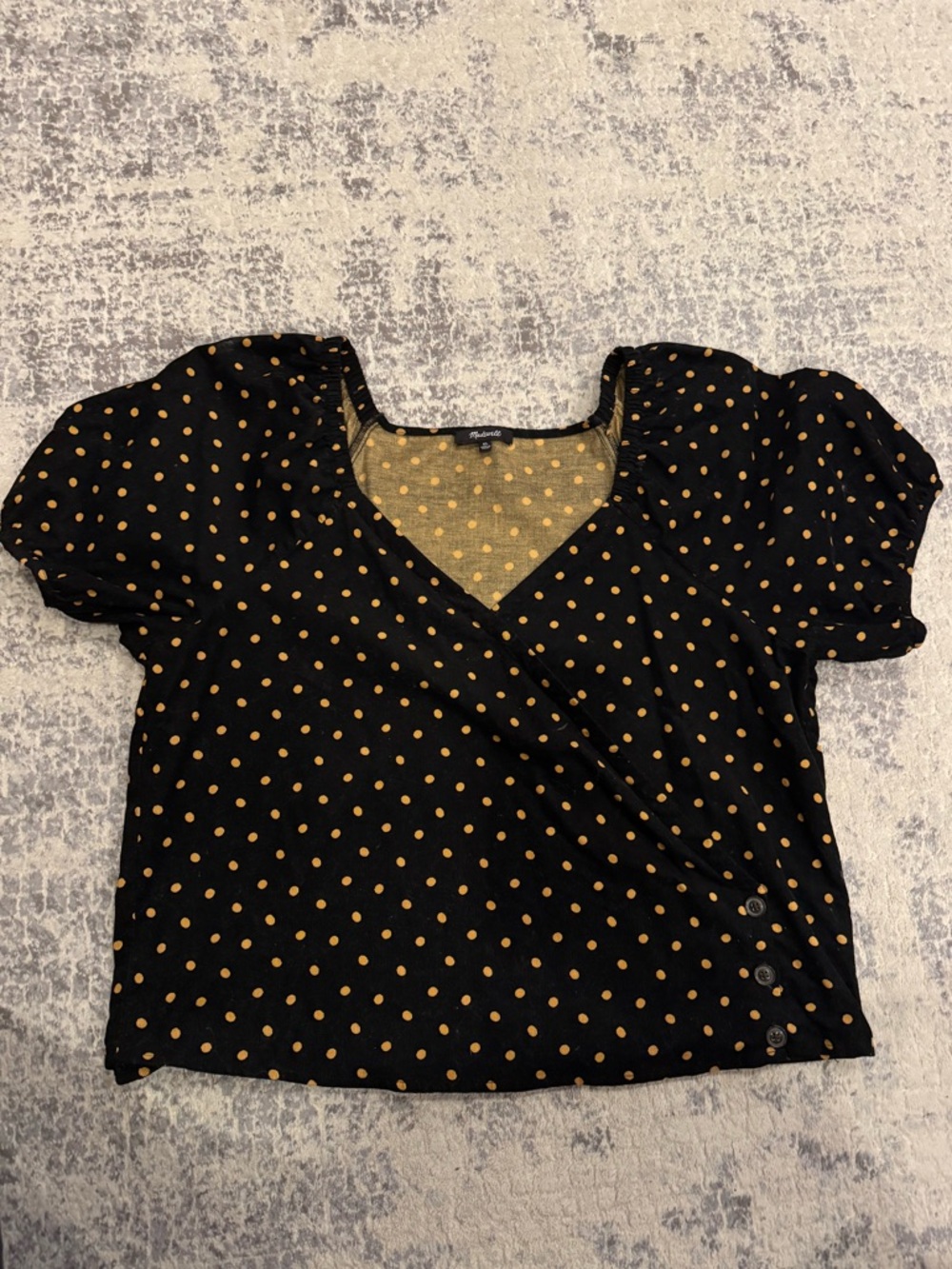 Madewell Black Wrap Top with Gold Polka Dots